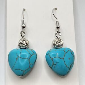 Boho Heart Turquoise Mosaic Rose Bead Dangle Earrings
